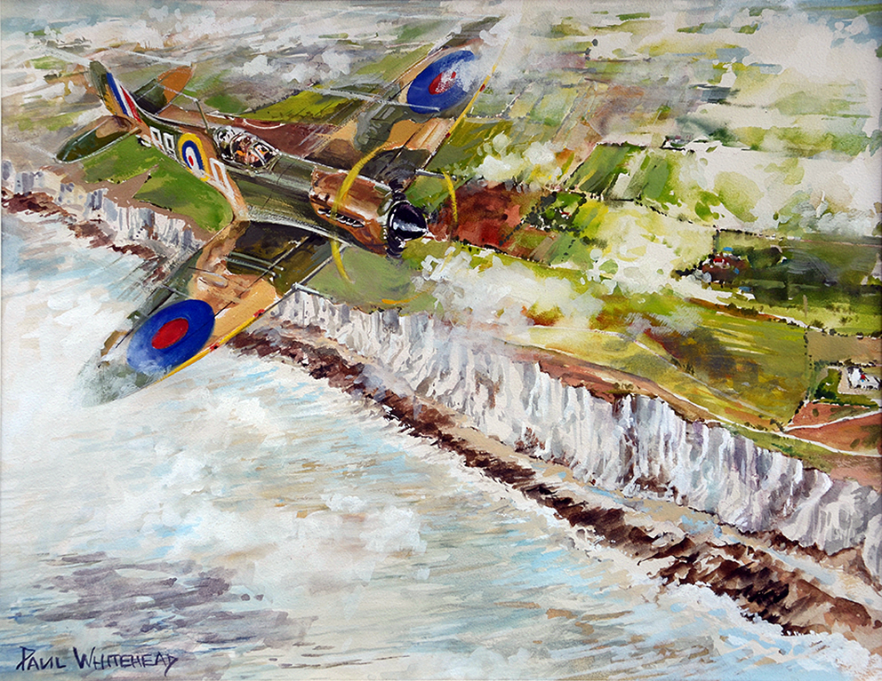  'TALLY HO' - Spitfire over the white cliffs of Dover - Gouache - 30x40cm - commission 